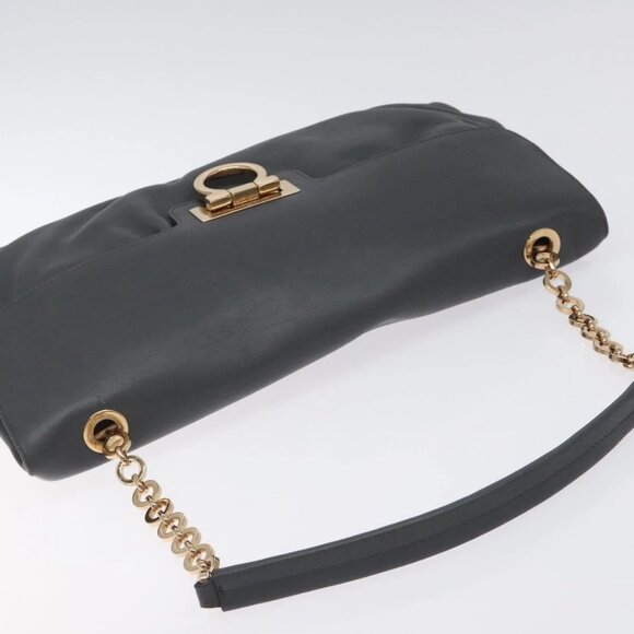 Salvatore Ferragamo Gancini Chain Shoulder Bag Leather Gray Gold Auth - Picture 11 of 15